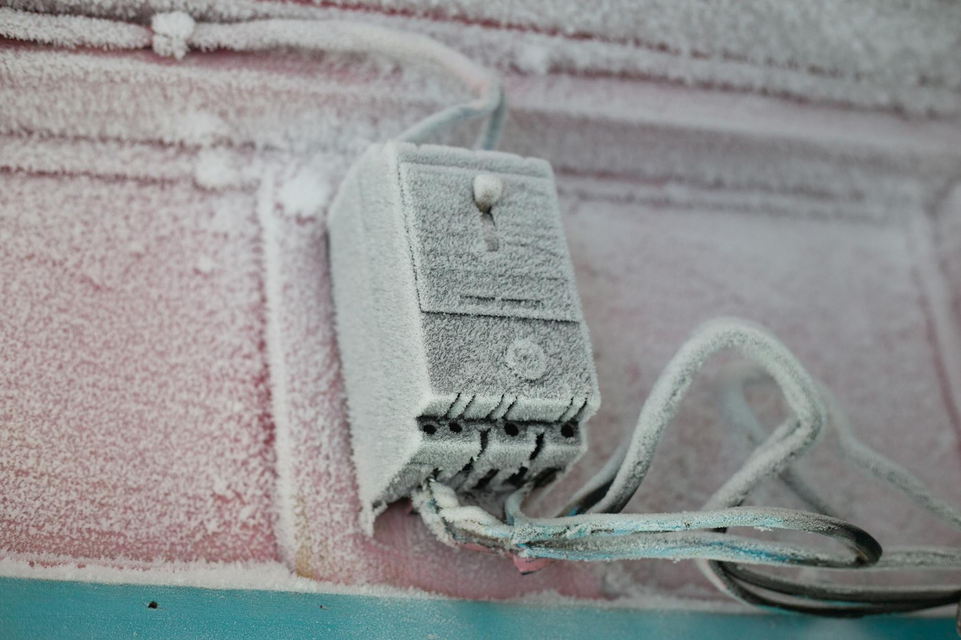 Zamarznięty przełącznik elektryczny na zewnętrznej ścianie budynku